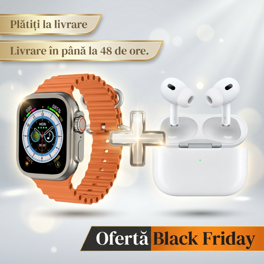Ceas Inteligent Series Ultra cu 2 Brățări + Monitorizare Completă + AirPods Pro 2 Cadou
